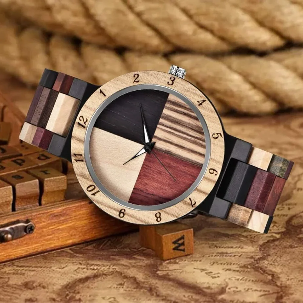 Men's Khaki Geometric Creative Quartz Hand-made Tang Buckle Wooden Watches